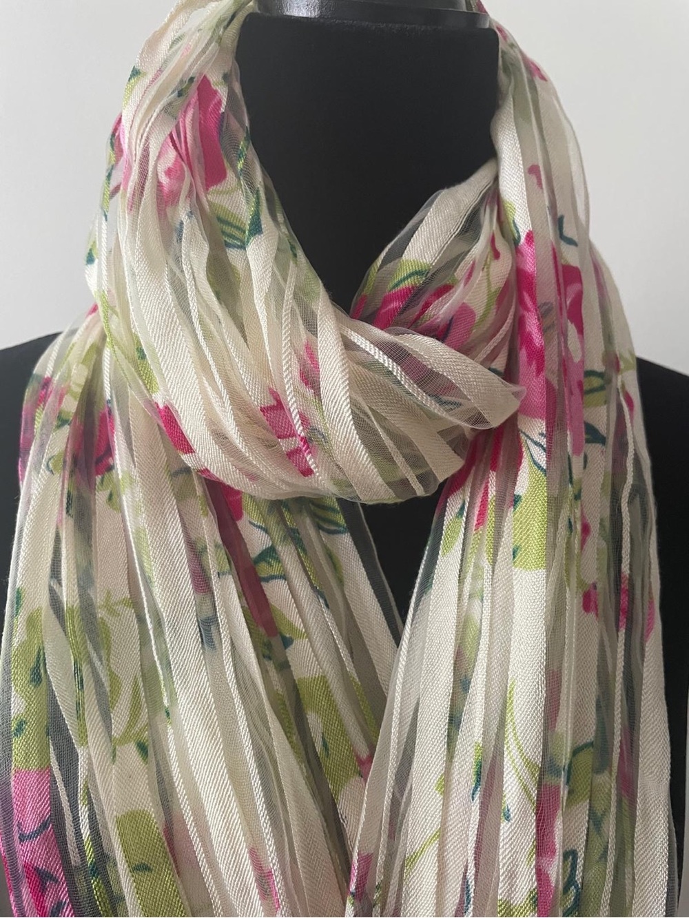 Cream Floral Scarf Mousseline with Pink & Green Accents by - Picture 3 of 4